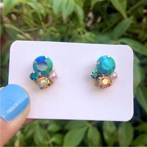 Iridescent Turquoise, Sapphire Aurora Borealis + Pearl Gold Earrings